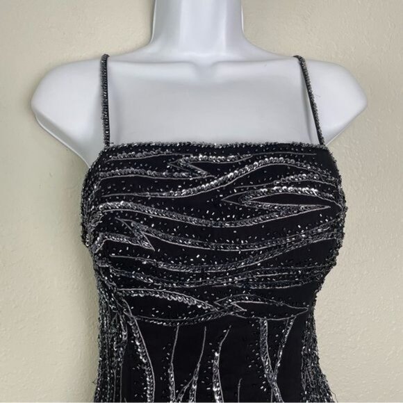 Alyce Designs vintage 80s sequin black asymmetrical sleeveless midi dress gown - Picture 2 of 14